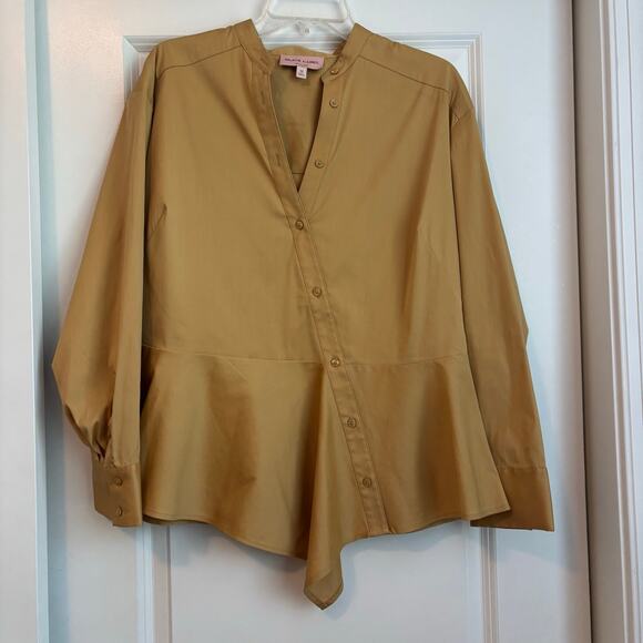 Chicos Black Label Poplin Peplum Button Down Shirt Yellow 12 Career Modern - Picture 1 of 9